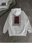 Uzun Kol Kapşonlu Ön Ve Arka Baskılı SweatShirt - Beyaz - 2