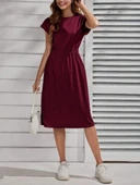 Kadın Kısa Kollu Bisiklet Yaka Belden Lastikli Midi Viskon Elbise thumbnail 1