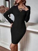 Kadın Uzun Kollu V Yakalı çapraz şerit Detaylı şardonlu Kaşkorse Midi Elbise thumbnail 1