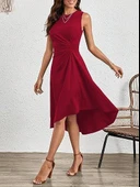 Kadın Sıfır Kollu Bisiklet Yaka Büzgülü Asimetrik Kesim Detaylı Janjan Krep Elbise thumbnail 4