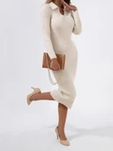 Kadın V Yakauzun Kollu Midiboy Triko Elbise thumbnail 5