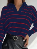 Kadın Uzun Kollu V Yaka çizgili Triko Bluz thumbnail 2