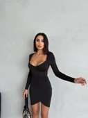 Kadın Uzun Kollu Göğüs Ve Sırt Dekolteli Kruvaze Etek Detay Fırsat ürün Mini Elbise thumbnail 1