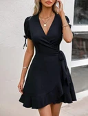 Kadın Kısa Kollu Kruvaze Yakalı Yandan Bağlamalı Janjan Krep Elbise thumbnail 2