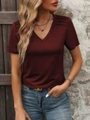 Kadın Kollu V Yakalı Omuzlarda çizgi Detaylı Viskon Bluz thumbnail 4