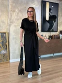 Kadın Kısa Kollu Bisiklet Yaka Yandan Bağlamalı Viskon Iki Iplik Elbise thumbnail 5