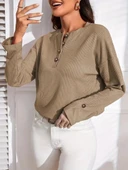 Kadın Uzun Kollu V Yakalı Düğmeli Salaş şardonlu Kaşkorse Bluz thumbnail 3