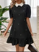 Kadın Kısa Kollu Yakalı Inci Detaylı Kısa Ithal Krep Elbise thumbnail 1