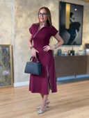 Kadın Kısa Kollu Yakadan Ve Etekten Fermuarlı Midi Viskon Iki Iplik Elbise thumbnail 5