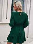 Kadın Uzun Kollu Bisiklet Yaka Beli Lastikli Fırfırlı Ithal Krep Elbise thumbnail 3