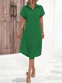 Kadın Kısa Kollu Yakalı Düğme Detay Midi Dokuma Elbise thumbnail 5