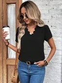 Kadın Kısa Kollu Lazer V Yakalı Ithal Krep Bluz - 4