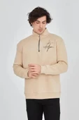 Erkek Yarım Fermuarlı Baskılı Sweat - Bej thumbnail 4