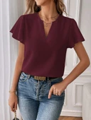 Kadın Kısa Kollu Kelebek Kollu V Yakalı Sandy Bluz thumbnail 3