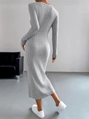 Kadın Uzun Kollu V Yakalı önden Düğmeli şardonlu Kaşkorse Elbise thumbnail 4