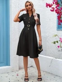Kadın Kısa Kollu Düğmeli Ve Kemerli Atlas Elbise thumbnail 3