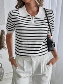 Kadın Kısa Kol Polo Yaka çizgi Desen Triko Bluz thumbnail 1