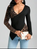 Kadın Uzun Kollu Kruvaze Yakalı Leopar Desen Detaylı Viskon Bluz thumbnail 8