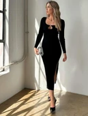 Kadın Uzun Kollu Yaka Damla Detay Mini Aksesuarlı Yırtmaç Detay Krep Elbise thumbnail 3