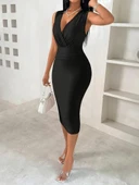 Kadın Askılı Kruvaze Yakalı Dalgıç Midi Elbise thumbnail 4