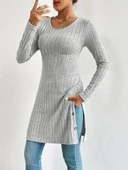 Kadın Uzun Kollu Yuvarlak Yaka Yandan Yırtmaçlı Düğmeli şardonlu Kaşkorse Bluz thumbnail 2