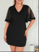 Kadın Tüllü Kısa Kollu V Yaka Krep Elbise thumbnail 8