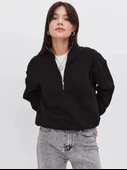 Oversize Yarım Farmuarlı Yakalı Basic SweatShirt - Siyah - 1