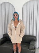 Oversize Tam Fermuarlı Uzun Kol Hırka - Bej - 1