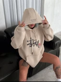 Üç İplik Kapşonlu Baskılı SweatShirt - Bej - 1