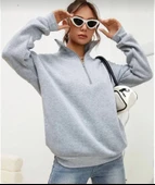 Unisex Uzun Kol Yarım Farmuarlı Yakalı Basic SweatShirt - Gri - 2