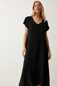 Kadın Kısa Kollu V Yaka Salaş Maxi Boy Elbise thumbnail 5