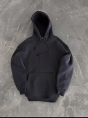Kapşonlu Üç İplik Penye Basic SweatShirt - Füme - 1