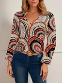 Kadın Uzun Kollu V Yakalı Desenli Süprem Bluz thumbnail 2
