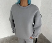 Kışlık Bisiklet Yaka Üç İplik Basic SweatShirt - Gri - 2