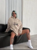 Üç İplik Kapşonlu Baskılı SweatShirt - Bej - 2