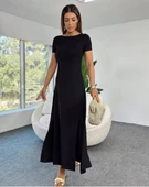 Kadın Kısa Kollu Sırt Dekolte Detay önü çift Yırtmaçlı Viskon Elbise thumbnail 5