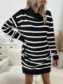 Kadın Uzun Kollu Degaje Yaka çizgili Sonya Iplik Mini Boy Triko Elbise (kemersiz) thumbnail 5