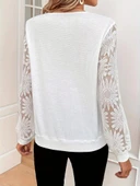 Kadın Uzun Kollu V Dantel Yaka Waffle Bluz thumbnail 3