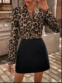 Kadın Uzun Kollu Kruvaze Yaka Krep Mini Boy Elbise thumbnail 3