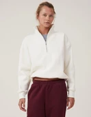 Oversize Yarım Farmuarlı Yakalı Basic SweatShirt - Beyaz - 1