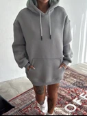 Kapşonlu Üç İplik Penye Basic SweatShirt - Boyalı Gri - 1