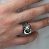 ​Gümüş Kırmızı Kesme Taşlı Ay Yıldız Erkek Yüzük thumbnail 3