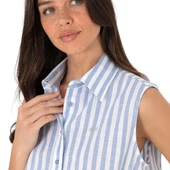 Kadın Pembe Çizgili Kısa Kollu Gömlek thumbnail 3