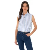 Kadın Pembe Çizgili Kısa Kollu Gömlek thumbnail 1