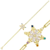 925 Ayar Gümüş Gold Renkli Taşlı Kar Tanesi Kadın Bileklik T7106 thumbnail 2