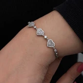 ​925 Ayar Gümüş Baget Taşlı Kalp Kadın Bileklik T8559 thumbnail 4