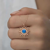 ​925 Ayar Gümüş Rose Mavi Opal Taşlı Güneş Kadın Kolye T6583 thumbnail 5