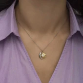 925 Ayar Gümüş Opal Beyaz Taşlı Ay Güneş Kadın Kolye T7611 thumbnail 2