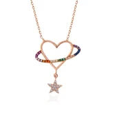 925 Ayar Gümüş Rose Kalp Yıldız Kadın Kolye T7354 thumbnail 3