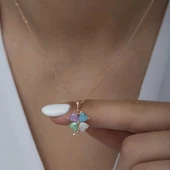 925 Ayar Gümüş Rose Renkli Taşlı Yonca Kadın Gümüş Kolye T6919 thumbnail 3